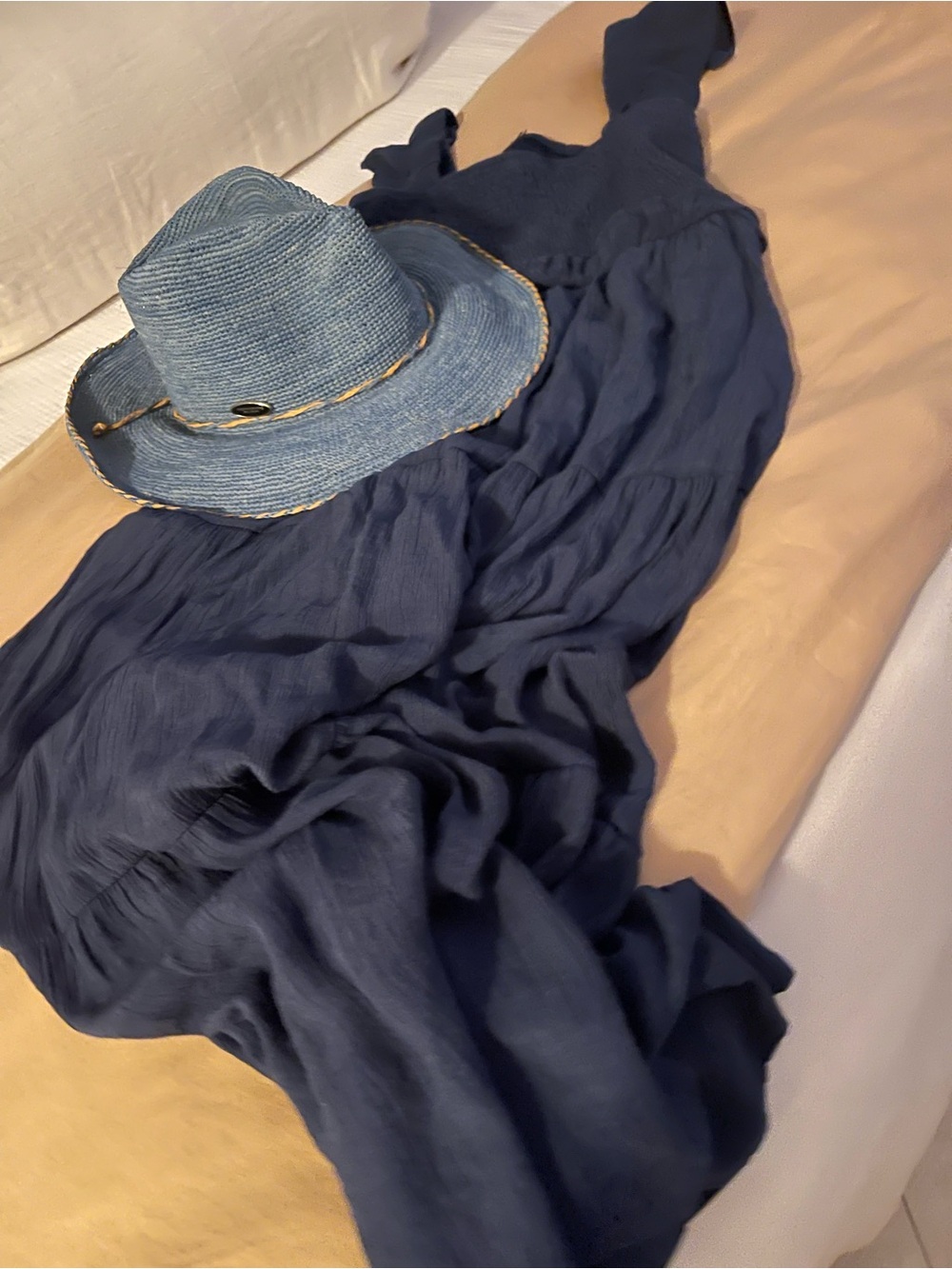 Speed Limit 98 Navy Blue Ruffle Maxi Dress and Blue hat and bag